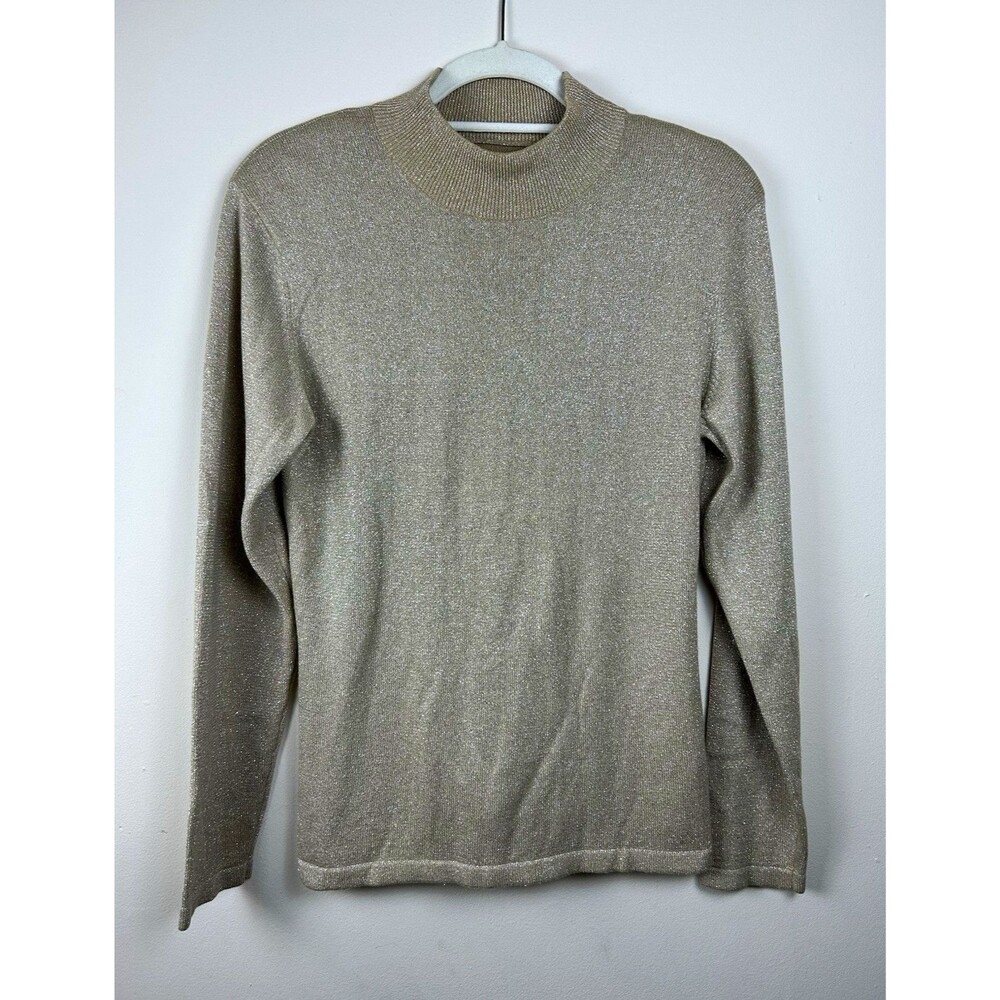 Vintage 80s Yarnworks S Beige/Gold Metallic Knit Mock Neck Long Sleeve Pullover